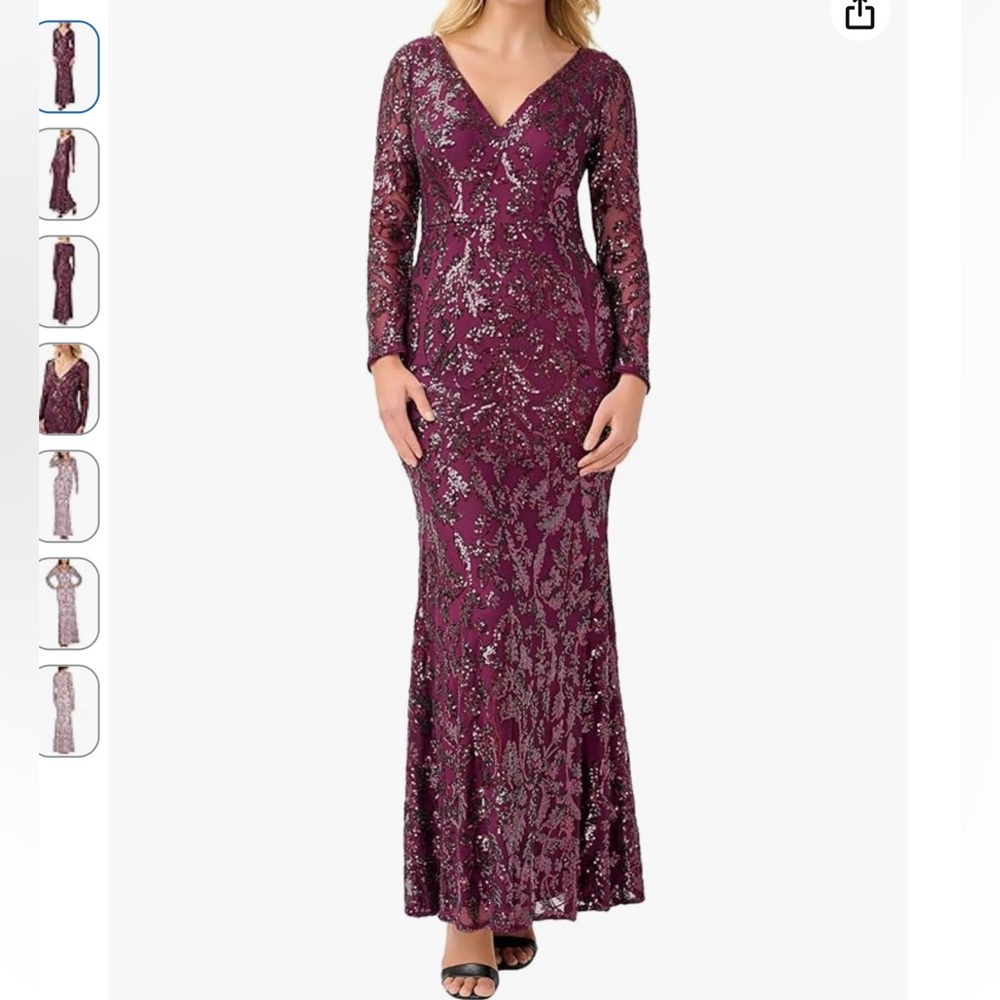 Adrianna Papell Sequin Mesh Gown Size 14 Mother Of Bride Long Sleeve In Cassis